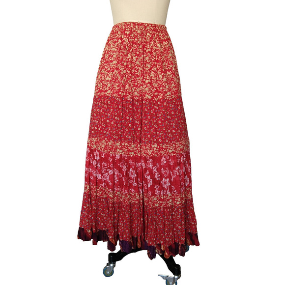 Anna Konya Vintage Red Floral Maxi Skirt One Size Tiered Hippie Bohemian - Picture 2 of 6